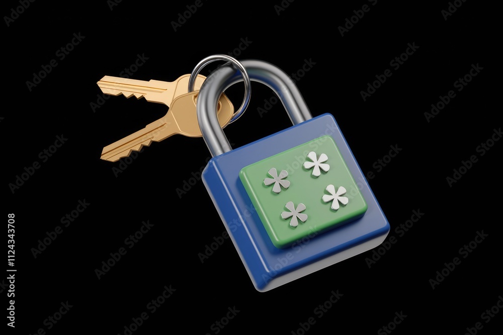 Poster a blue padlock with a green combination and golden keys attached, symbolizing security and protectio