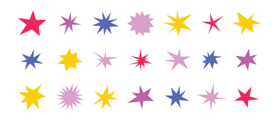 Sharp stars shapes set. Bright irregular sparks, colorful twinkles. Abstract edgy sparkle and stars elements pack. Asymmetry forms