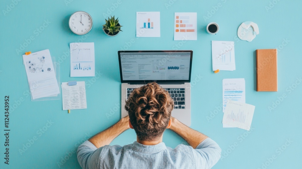 Aufkleber modern remote work setup young professional analyzing data on dual monitors