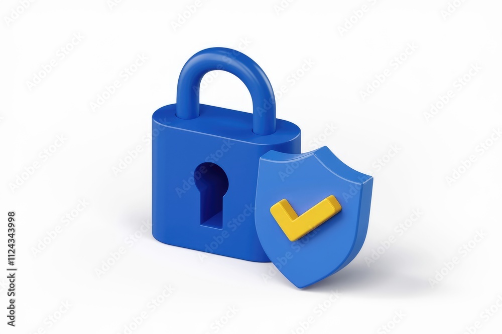 Poster 3D rendering of a blue padlock and shield, symbolizing security and data protection.