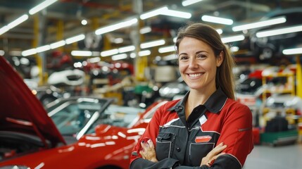 Professional mechanic woman in a busy car repair shop