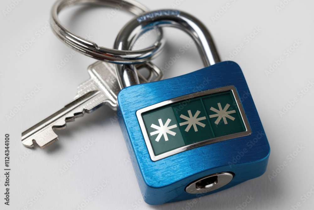 Poster a blue combination padlock with its key, symbolizing security and password protection.