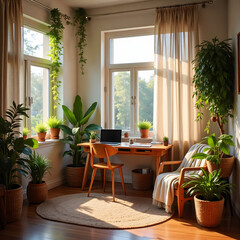 Cozy home office workspace with potted plants and warm light filtering through curtains