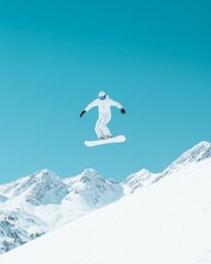 Snowboarder Performing Air Trick Against Clear Blue Sky in Snowy Mountain Landscape