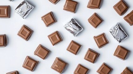 Patterned chocolate pieces with foil on plain background