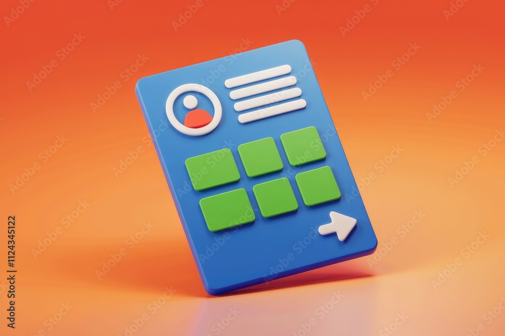 Poster 3D render of a blue mobile app interface with user profile, menu, grid and arrow.