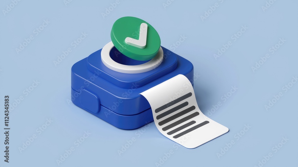 Poster 3D render of a blue device printing a checklist with a green checkmark.