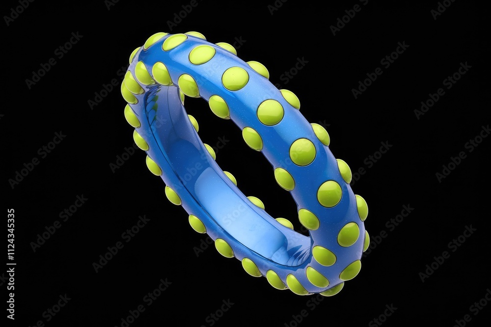 Poster a 3d rendering of a blue ring with lime green dots, glossy and sleek design.