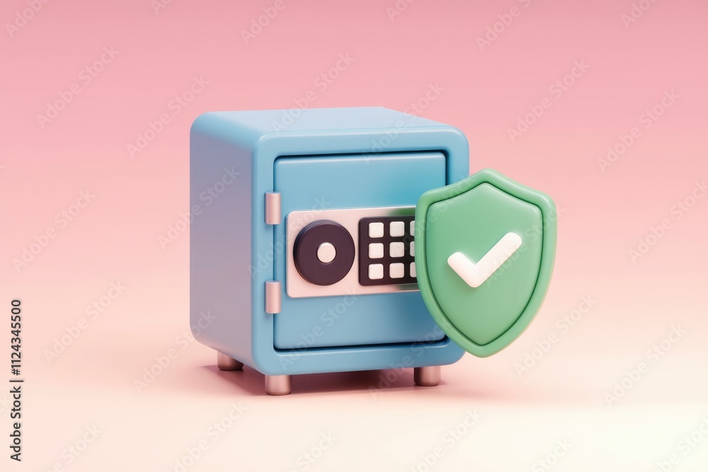 Poster a blue safe with a green checkmark shield, symbolizing secure data protection.