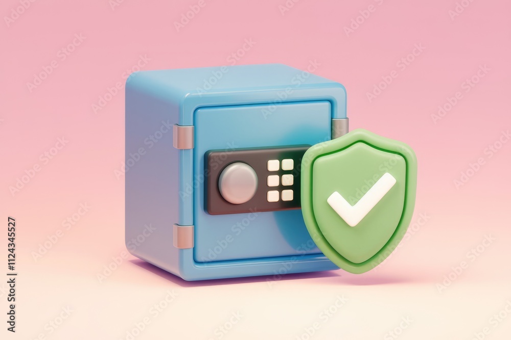 Poster a blue safe with a green checkmark shield, symbolizing secure data protection and digital safety.