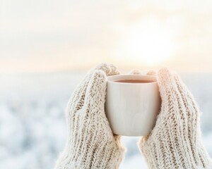 Embracing Winter Warmth Knitted Gloves Holding Hot Cocoa in Sunlit Snowy Landscape