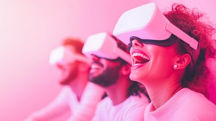 Immersive Virtual Reality Gaming Experience Friends in a Neon-Lit Living Room Celebrating Holidays
