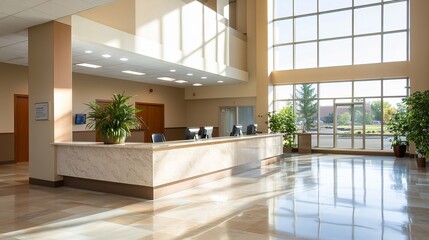 Fototapeta premium A sleek reception desk with marble flooring and backlit counters sits in a modern lobby. Beige walls and large windows fill the space with light, creating a welcoming workspace atmosphere. 