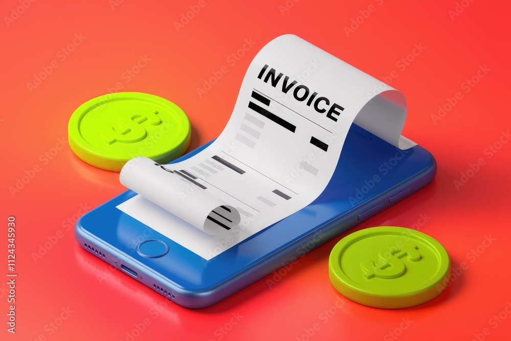 Aufkleber digital invoice displayed on a smartphone screen, surrounded by dollar coins, symbolizing online pay