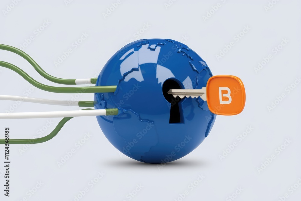 Poster Global network security concept with key unlocking a blue earth, symbolizing data protection and access.