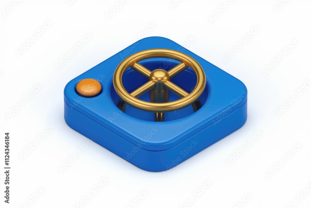 Poster a 3d render of a blue square control valve with a gold wheel and orange button.