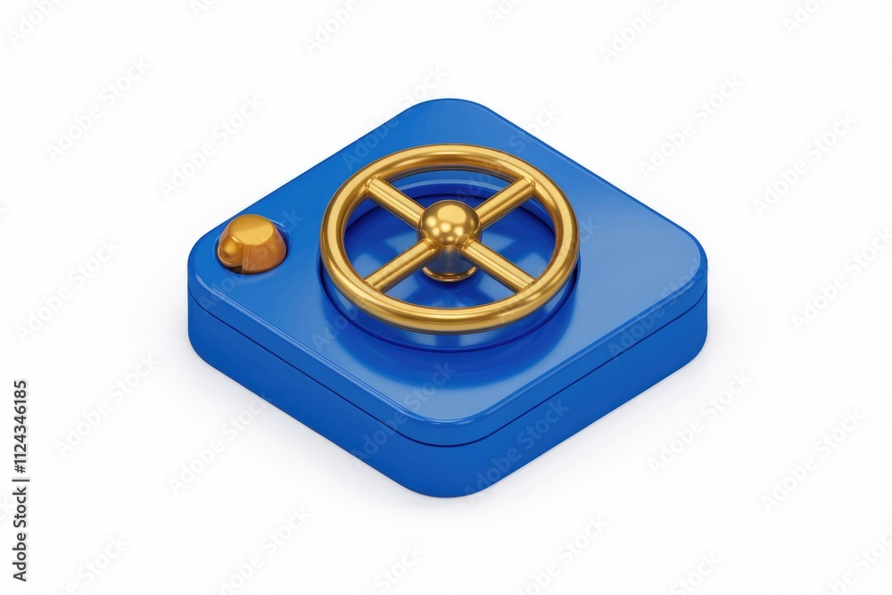 Poster a 3d rendered blue square device with a golden control wheel and a small golden button.