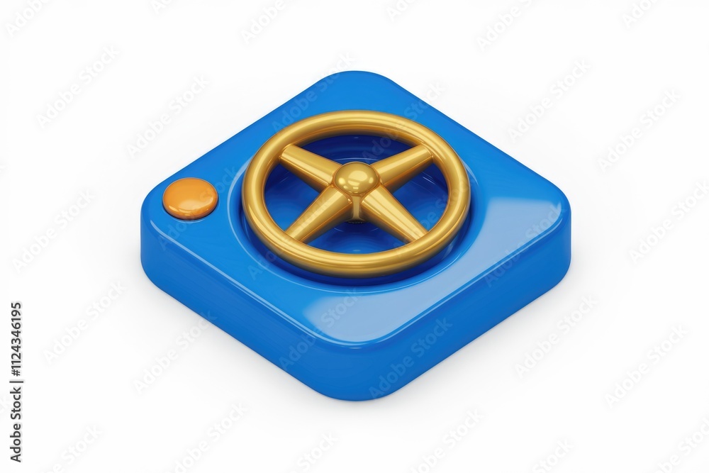 Poster A 3D rendering of a blue square with a gold control wheel and a small orange button.