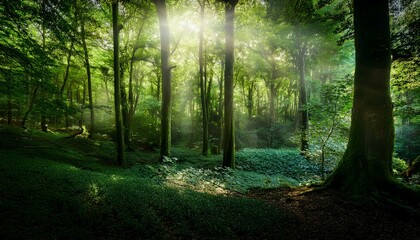 Obraz premium Generated image: Dark green forest background with natural light streaming through a dense canopy of trees.