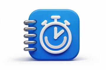 A blue spiral notebook icon with a white stopwatch symbolizing time management and scheduling.
