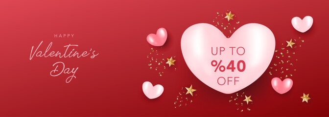 Happy Valentine's Day banner with realistic pink and white hearts, stars and confetti and red gradient background. 3d vector illustration for greeting card, coupon, voucher, discount, promotion, sale