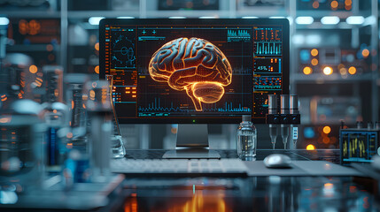 The Brain's Enigma: A futuristic computer monitor in a high-tech laboratory displays a 3D model of the human brain, illuminated in neon hues.