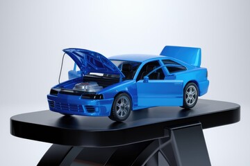 Fototapeta premium A vibrant blue sports car with its hood open, showcasing its engine, sits atop a sleek black platform.