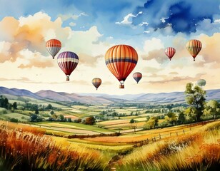 Fototapeta premium Hot air balloons floating over a serene countryside, captured in soft watercolor tones