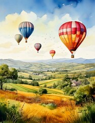 Obraz premium Hot air balloons floating over a serene countryside, captured in soft watercolor tones
