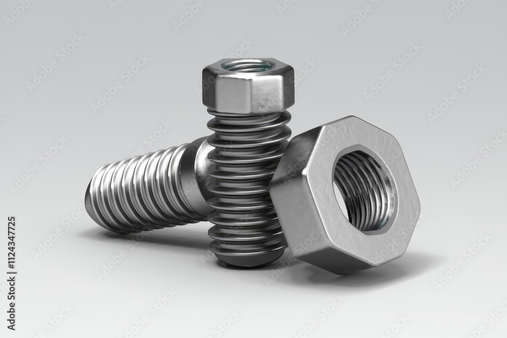 Poster close-up of a metallic bolt and nut, showcasing intricate details and textures.