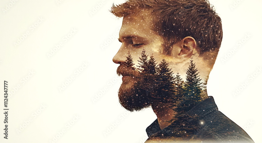 Poster Double Exposure Image of  Contemplative portrait of a man with forest overlay in a calm natural setting