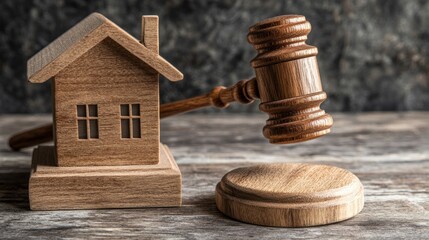 A wooden gavel striking a base near a model house, symbolizing property court decisions.