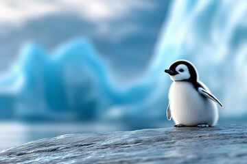 Fototapeta premium A tiny baby penguin chick with fluffy down feathers, standing alone on glacial ice