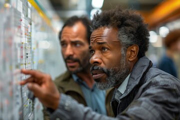 Two men closely examining instructions in a busy urban environment.