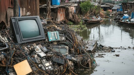 Abandoned Electronic Waste Dump in Polluted Waterway