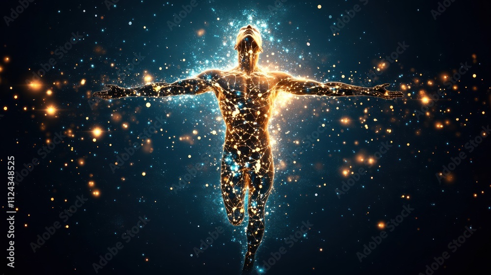 Poster cosmic transformation of a human figure digital art abstract environment surreal viewpoint