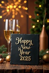 Happy New Year 2025 - Greeting Card - Black slate board with golden English text. Christmas decoration on rustic wood with Champagne glasses and golden lights from fireworks in background