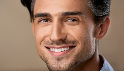 Obraz premium Gentle Gratitude A close-up of a man with a soft smile and slightly moist eyes, his head tilted forward slightly as if expressing thanks. A warm beige background enhances the sincerity of his expressi