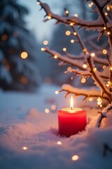 Christmas Background - Red Candle in winter snow landscape background - Blank greeting card with magic golden bokeh lights with copy space for your Xmas Advent greeting card or advertisement,