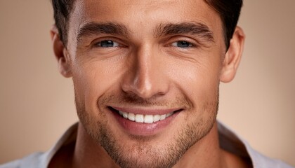 Obraz premium Gentle Gratitude A close-up of a man with a soft smile and slightly moist eyes, his head tilted forward slightly as if expressing thanks. A warm beige background enhances the sincerity of his expressi