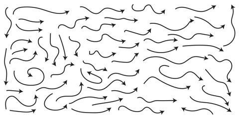 Hand drawn thin line arrows set. Many vector curvy and wavy arrows isolated on white background. Thin arrows set for business plan, presentation and education. Sign, Symbol, Hand drawn arrow vector 