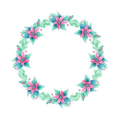 Wreath of red and green flowers in watercolor