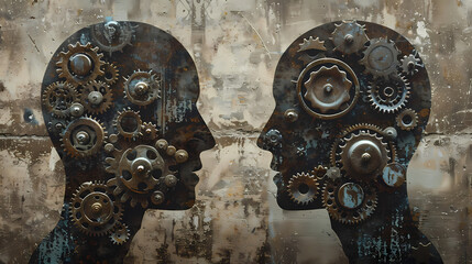 Cognition Connection: Two metallic human heads, intricately detailed with gears and cogs, face each other, symbolizing the complex interplay of minds and ideas.