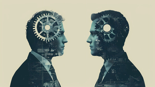 Interlocking Minds: A captivating abstract image symbolizing collaboration, innovation, and shared intelligence, with two men's silhouettes juxtaposed.