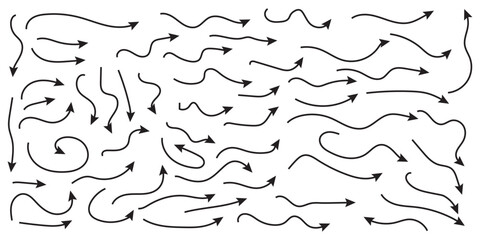 Hand drawn thin line arrows set. Many vector curvy and wavy arrows isolated on white background. Thin arrows set for business plan, presentation and education. Sign, Symbol, Hand drawn arrow vector 