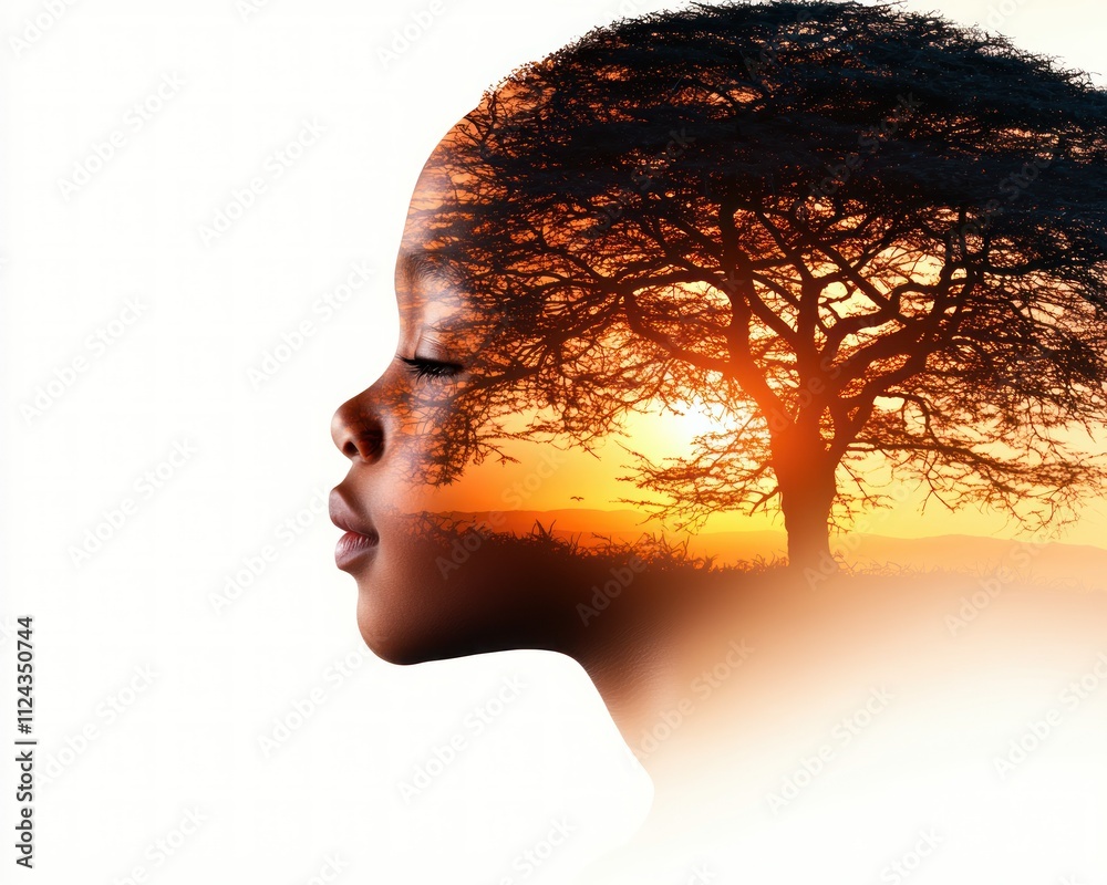 Poster sunset silhouette of a child's profile with tree nature landscape tranquil environment