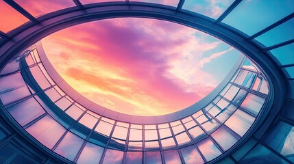 Fototapeta premium Stunning View of a Circular Skylight Framing a Colorful Sunset Sky with Vibrant Hues of Pink, Orange, and Blue Above Modern Architectural Design Elements
