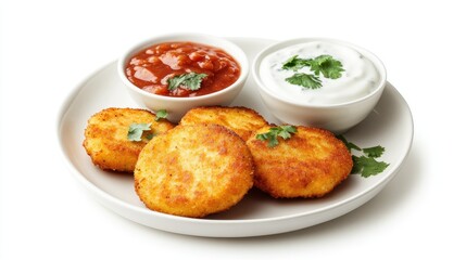 Crispy Golden Potato Patties Served with Tangy Tomato Sauce and Creamy Yogurt Dip Garnished with Fresh Herbs on a White Plate