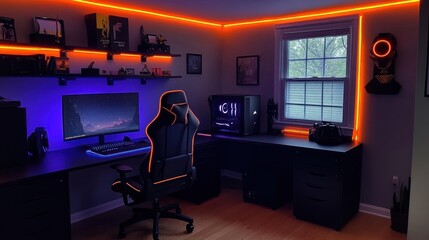Fototapeta premium Vibrant orange and blue LED illuminated gaming setup in a home office.