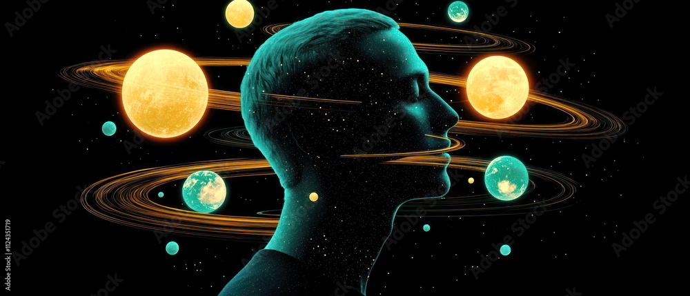 Poster exploring cosmic realmsa surreal portrait of humanity's connection to space